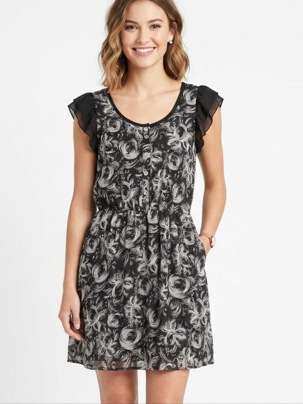 Honey Punch Black White Abstract Print Ruffle Cap Sleeve Mini Dress Size Large